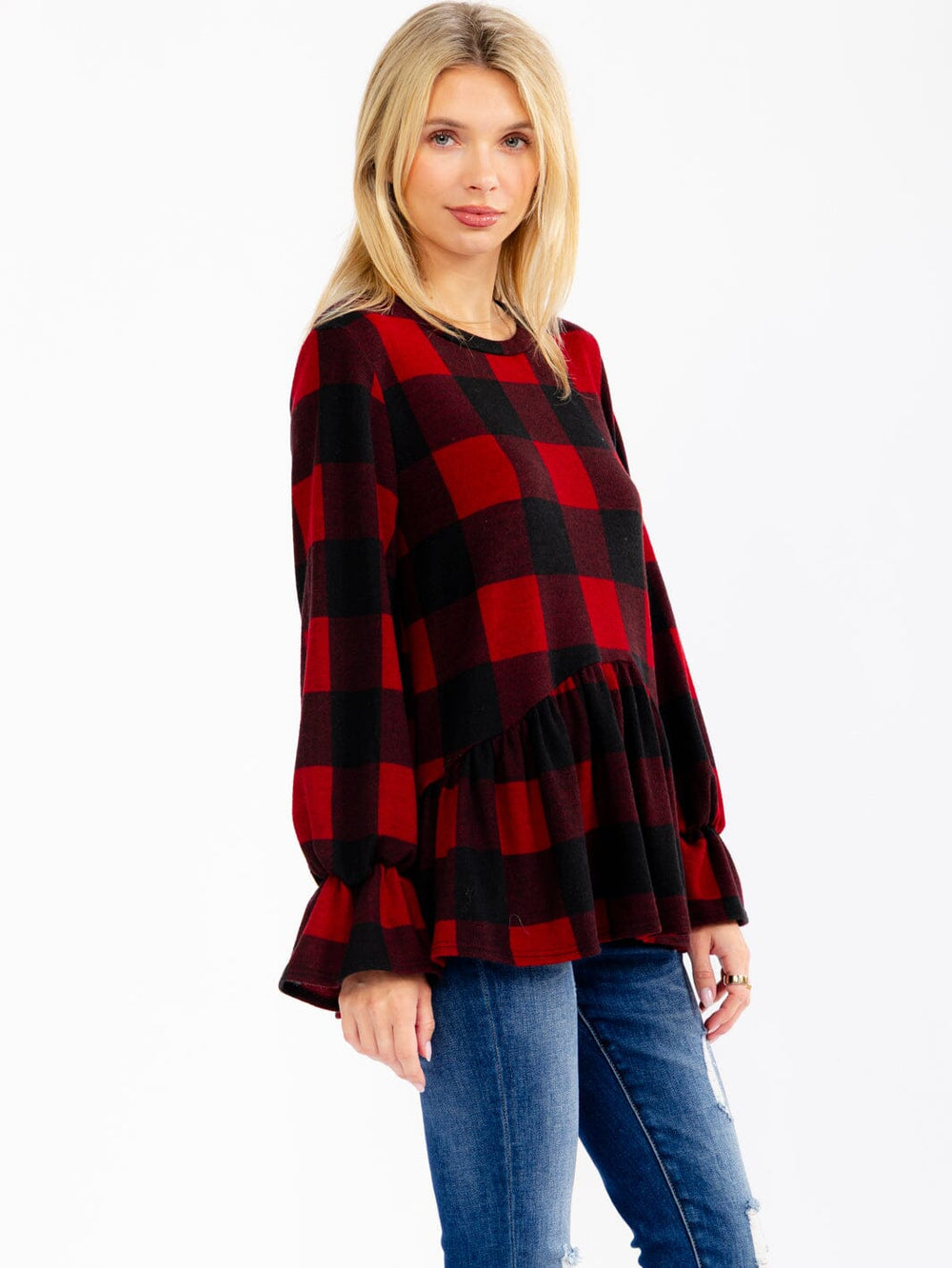WOMEN'S LONG BELL SLEEVE PEPLUM PLAID TOP