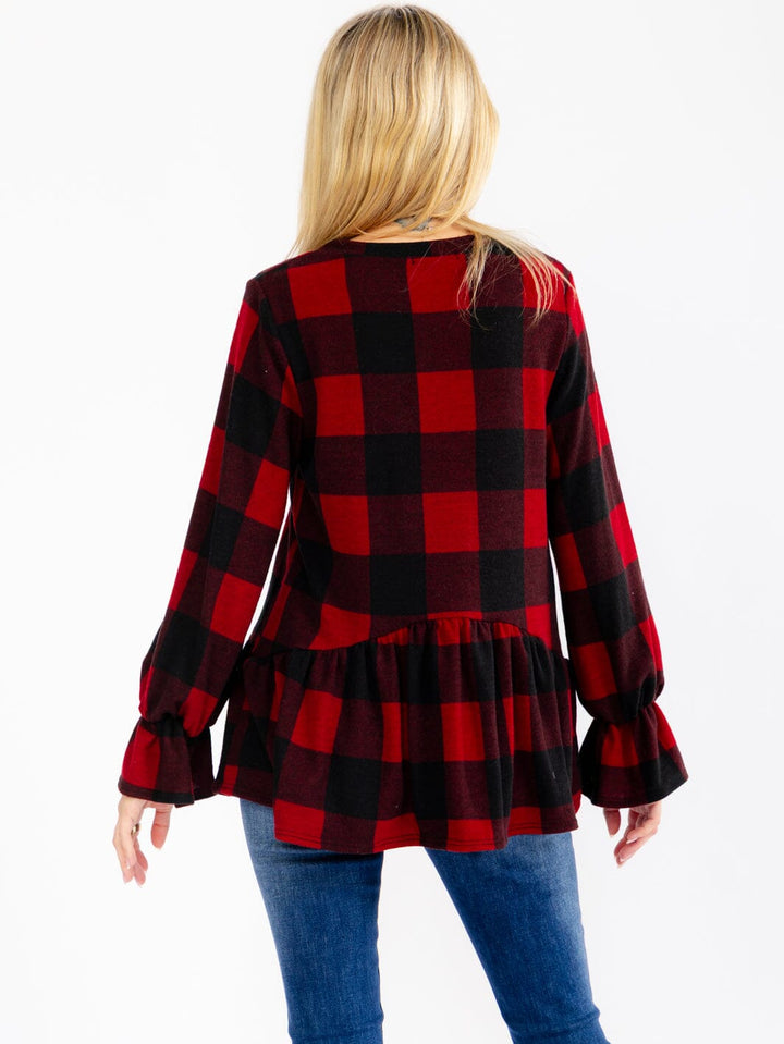 WOMEN'S LONG BELL SLEEVE PEPLUM PLAID TOP