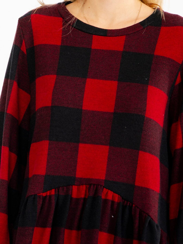 WOMEN'S LONG BELL SLEEVE PEPLUM PLAID TOP