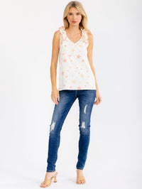 WOMEN'S SLEEVELESS RUFFLE V-NECK SATRS PRINT TANK TOP