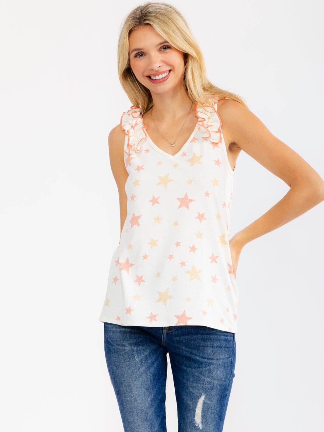 WOMEN'S SLEEVELESS RUFFLE V-NECK SATRS PRINT TANK TOP