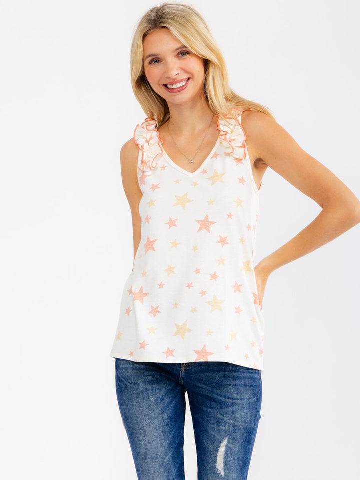 WOMEN'S SLEEVELESS RUFFLE V-NECK SATRS PRINT TANK TOP