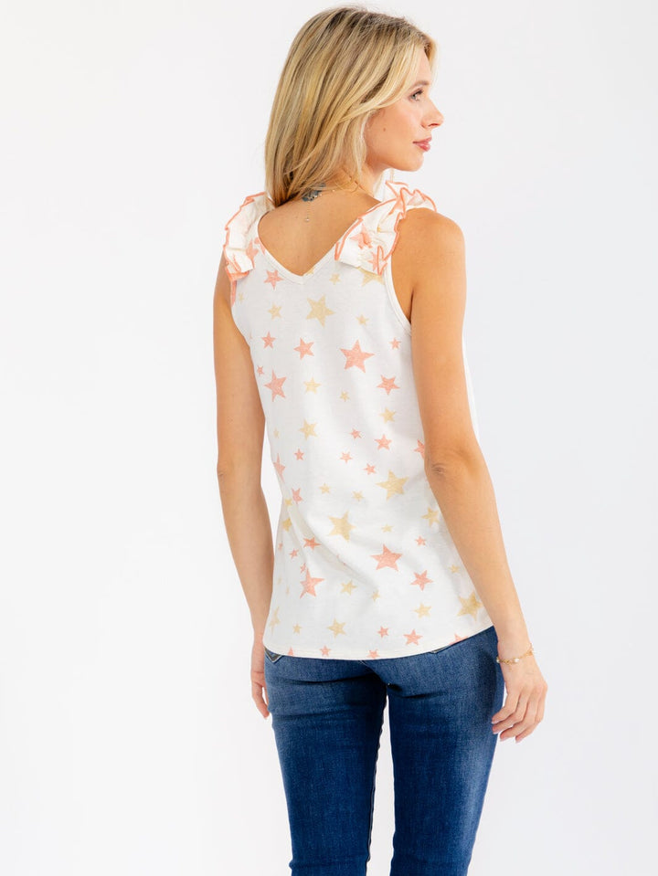 WOMEN'S SLEEVELESS RUFFLE V-NECK SATRS PRINT TANK TOP