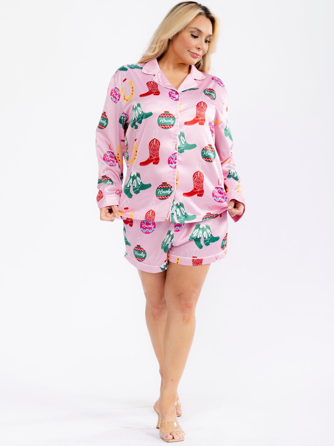 PLUS SIZE LONG SLEEVE BLOUSE & ELASTIC WAIST POCKETS MINI SHORT MULTI PRINT 2PC. SET
