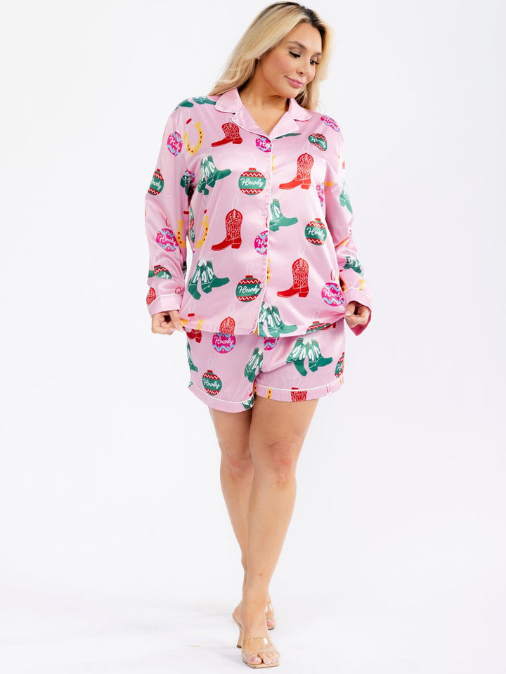 PLUS SIZE LONG SLEEVE BLOUSE & ELASTIC WAIST POCKETS MINI SHORT MULTI PRINT 2PC. SET