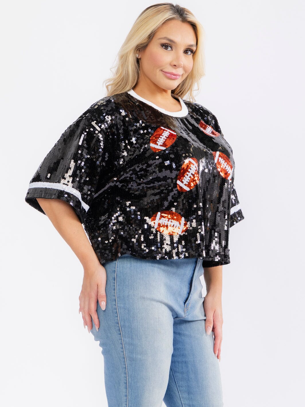 PLUS SIZE SHORT SLEEVE FOOTBALL SEQUINS TOP