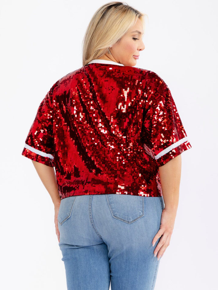 PLUS SIZE SHORT SLEEVE FOOTBALL SEQUINS TOP
