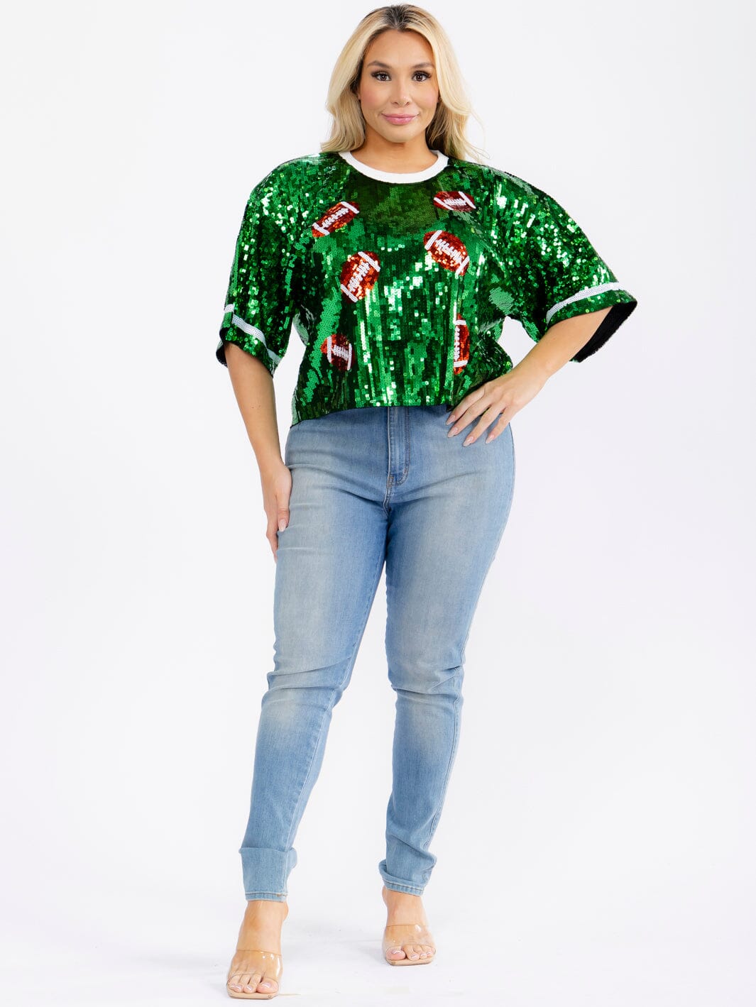 PLUS SIZE SHORT SLEEVE FOOTBALL SEQUINS TOP