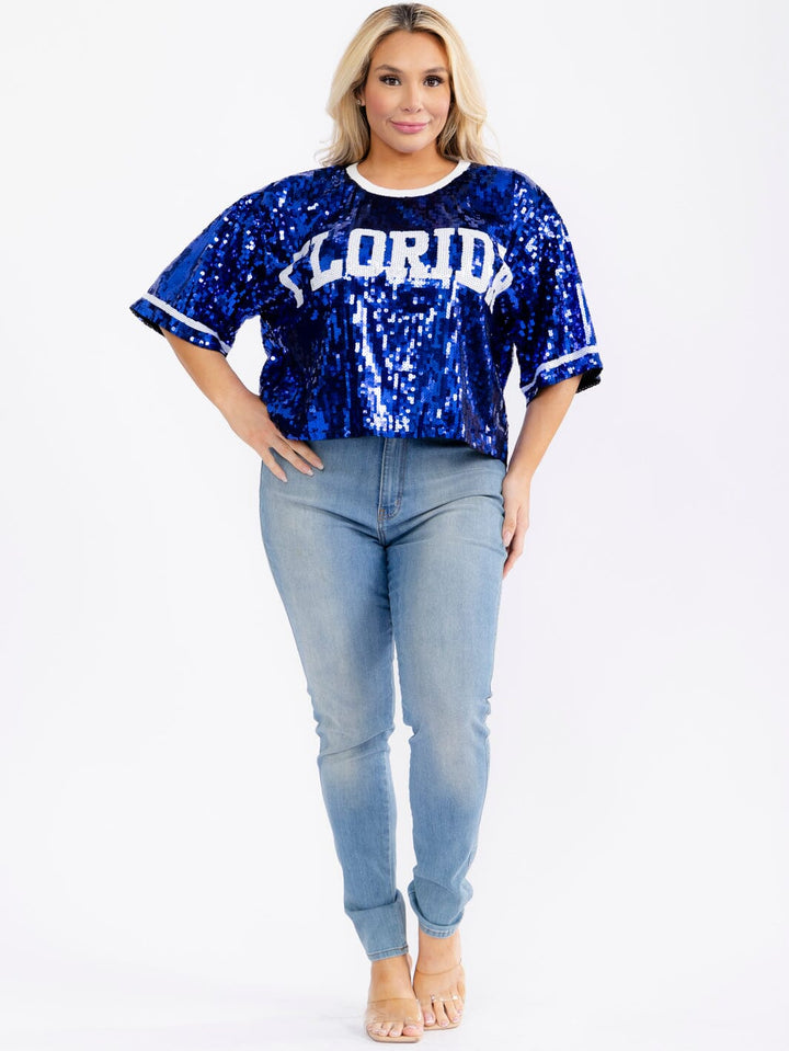 PLUS SIZE SHORT SLEEVE FLORIDA SEQUINS TOP