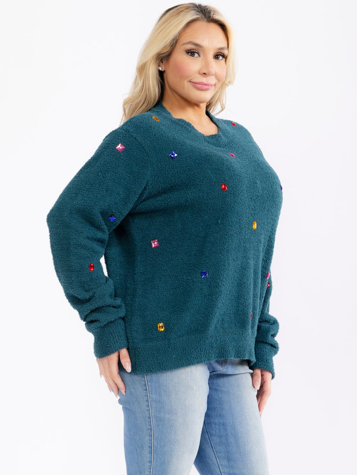 PLUS SIZE LONG SLEEVE STUDS PULLOVER SWEATER
