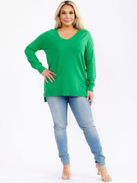 PLUS SIZE LONG SLEEVE V-NECK HIGH-LOW PULLOVER SWEATER