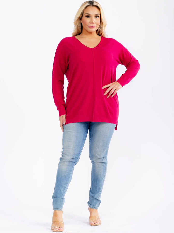 PLUS SIZE LONG SLEEVE V-NECK HIGH-LOW PULLOVER SWEATER