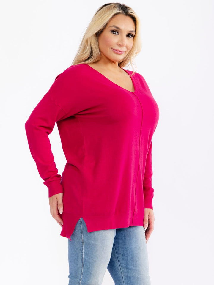 PLUS SIZE LONG SLEEVE V-NECK HIGH-LOW PULLOVER SWEATER