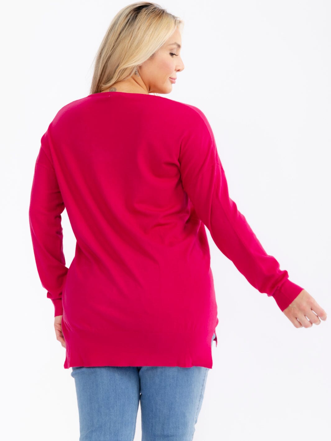 PLUS SIZE LONG SLEEVE V-NECK HIGH-LOW PULLOVER SWEATER