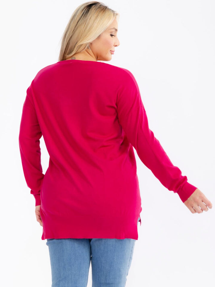 PLUS SIZE LONG SLEEVE V-NECK HIGH-LOW PULLOVER SWEATER