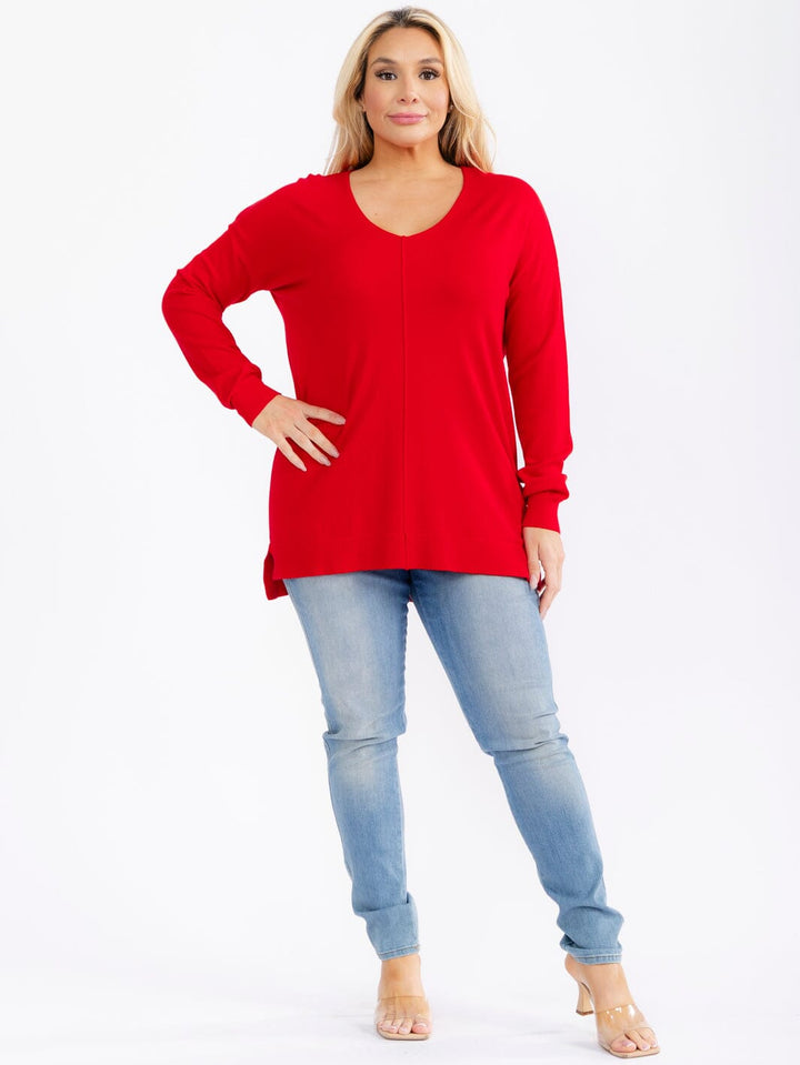 PLUS SIZE LONG SLEEVE V-NECK HIGH-LOW PULLOVER SWEATER