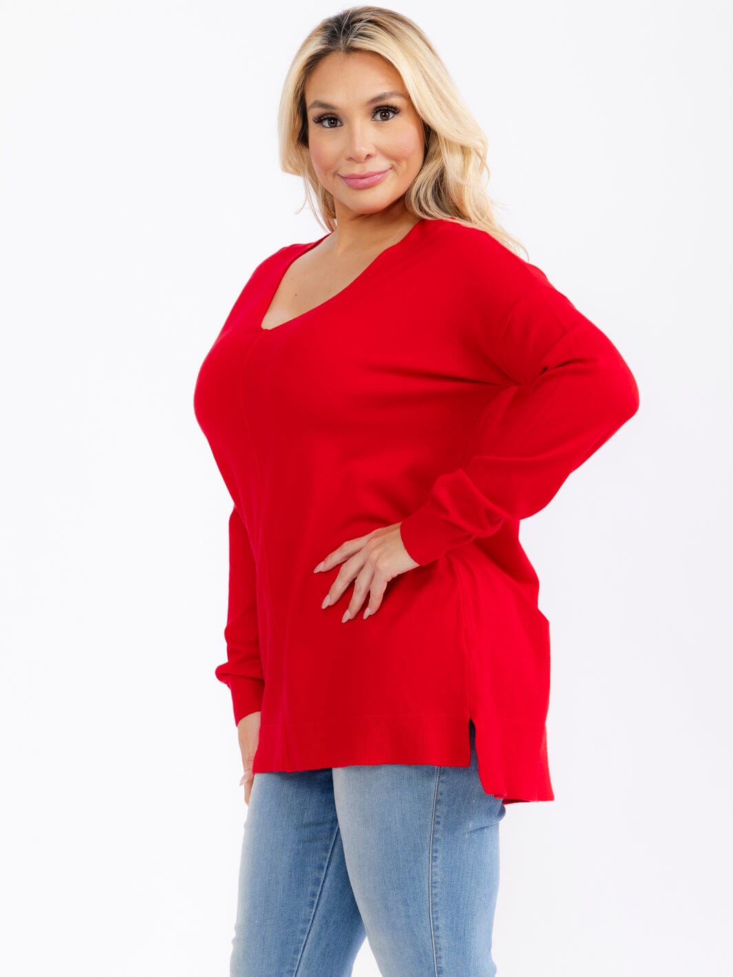 PLUS SIZE LONG SLEEVE V-NECK HIGH-LOW PULLOVER SWEATER