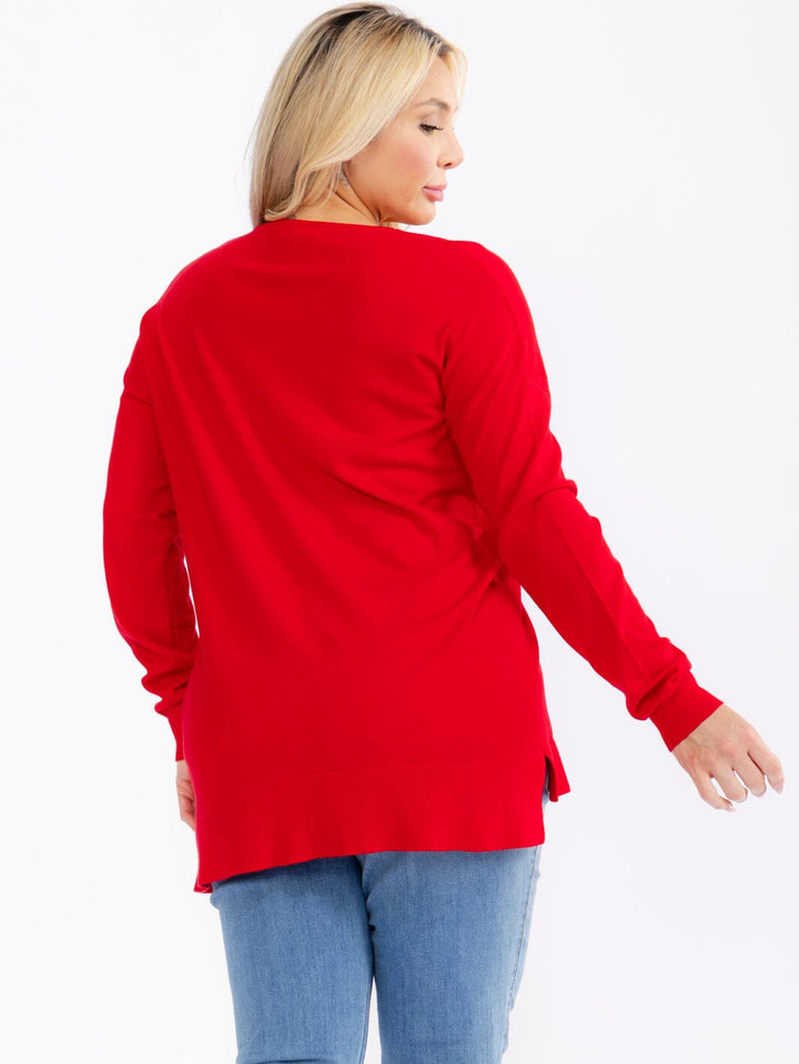 PLUS SIZE LONG SLEEVE V-NECK HIGH-LOW PULLOVER SWEATER