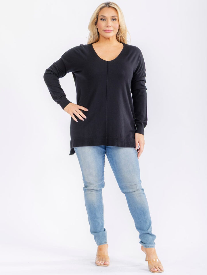 PLUS SIZE LONG SLEEVE V-NECK HIGH-LOW PULLOVER SWEATER
