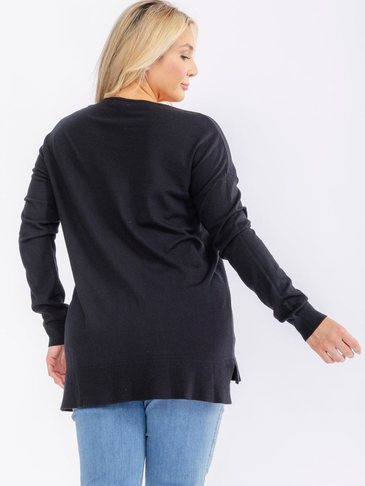 PLUS SIZE LONG SLEEVE V-NECK HIGH-LOW PULLOVER SWEATER