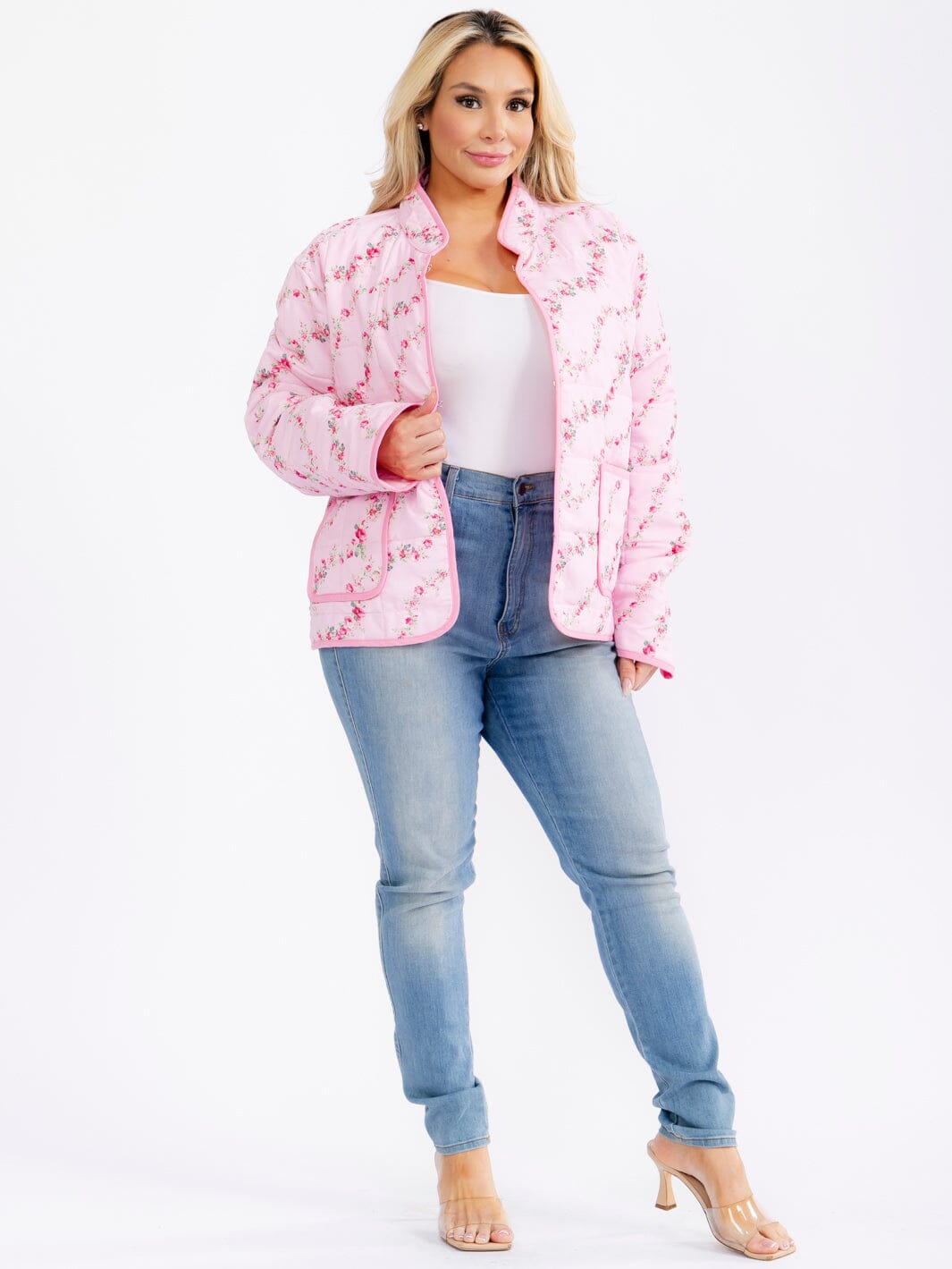 PLUS SIZE LONG SLEEVE BUTTON CLOSURE FRONT POCKETS FLORAL PRINT JACKET