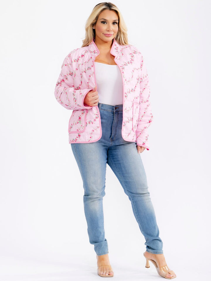 PLUS SIZE LONG SLEEVE BUTTON CLOSURE FRONT POCKETS FLORAL PRINT JACKET