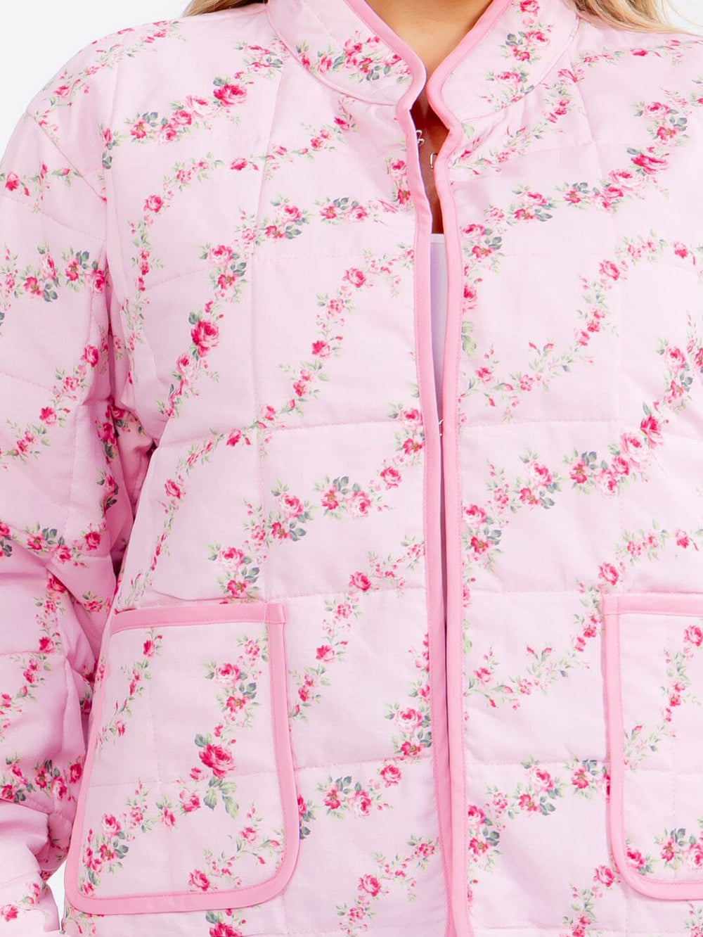 PLUS SIZE LONG SLEEVE BUTTON CLOSURE FRONT POCKETS FLORAL PRINT JACKET