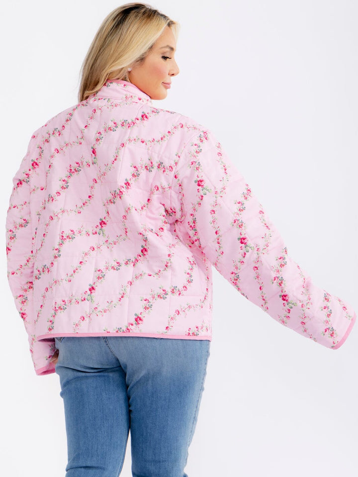 PLUS SIZE LONG SLEEVE BUTTON CLOSURE FRONT POCKETS FLORAL PRINT JACKET