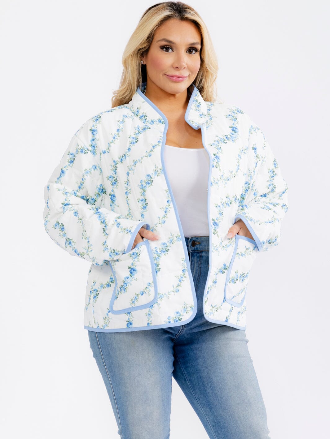 PLUS SIZE LONG SLEEVE BUTTON CLOSURE FRONT POCKETS FLORAL PRINT JACKET
