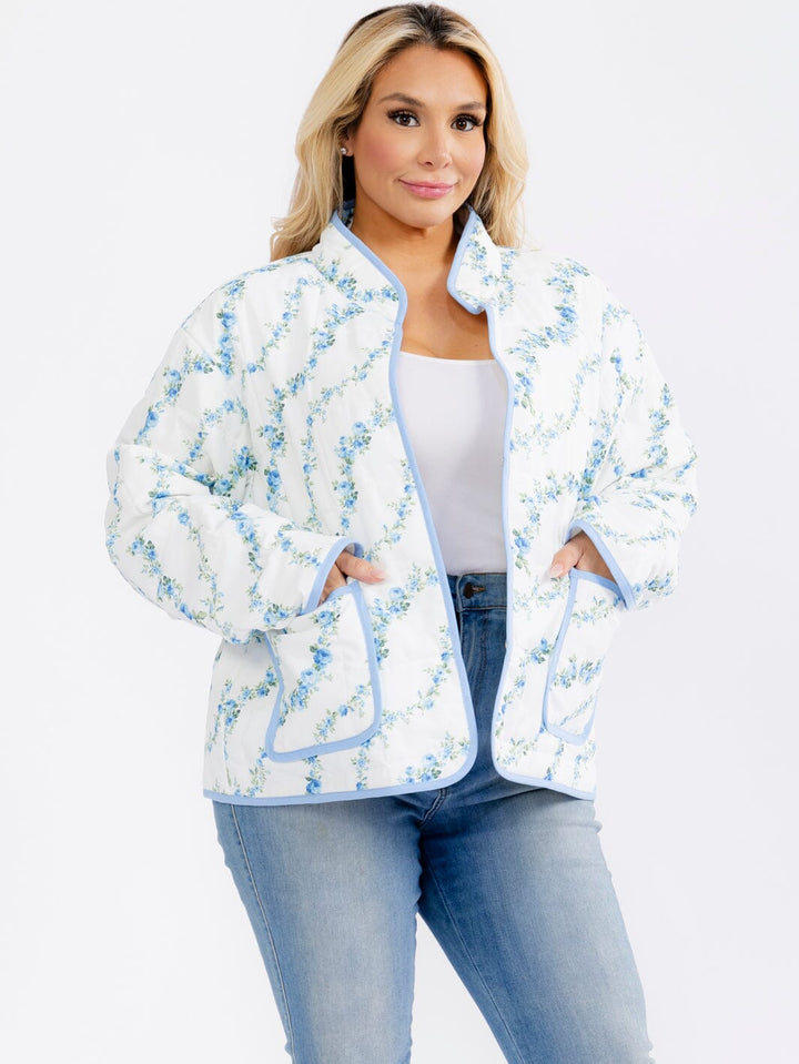 PLUS SIZE LONG SLEEVE BUTTON CLOSURE FRONT POCKETS FLORAL PRINT JACKET