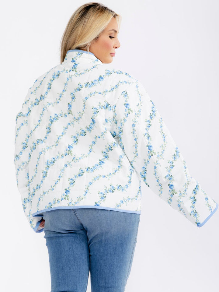 PLUS SIZE LONG SLEEVE BUTTON CLOSURE FRONT POCKETS FLORAL PRINT JACKET