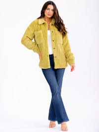 WOMEN'S LONG SLEEVE BUTTON CLOSURE FRONT POCKETS RIBBED SHERPA JACKET