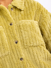 WOMEN'S LONG SLEEVE BUTTON CLOSURE FRONT POCKETS RIBBED SHERPA JACKET