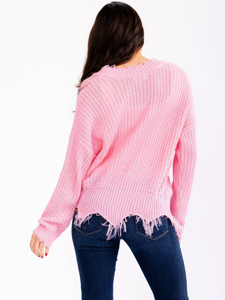WOMEN'S LONG SLEEVE V-NECK DISTRESS PULLOVER KNIT SWEATERS