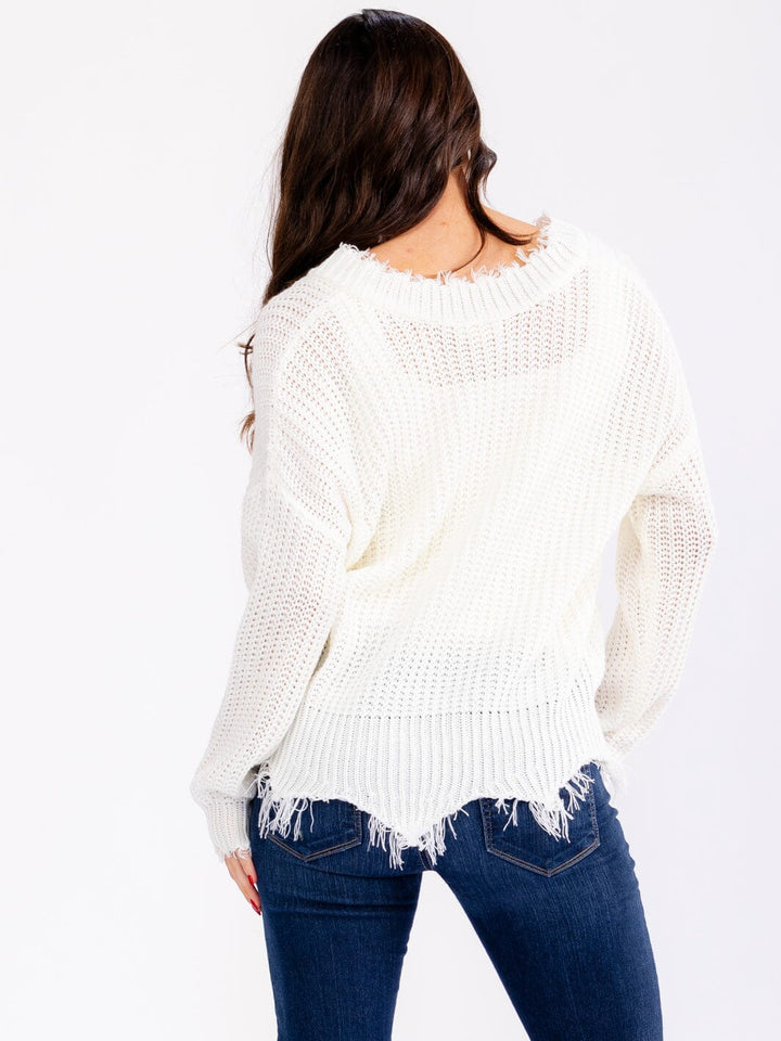WOMEN'S LONG SLEEVE V-NECK DISTRESS PULLOVER KNIT SWEATERS