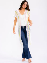 WOMEN'S SHORT SLEEVE FRONT TIE MULTI FRINGE KNIT KIMONO