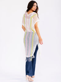 WOMEN'S SHORT SLEEVE FRONT TIE MULTI FRINGE KNIT KIMONO