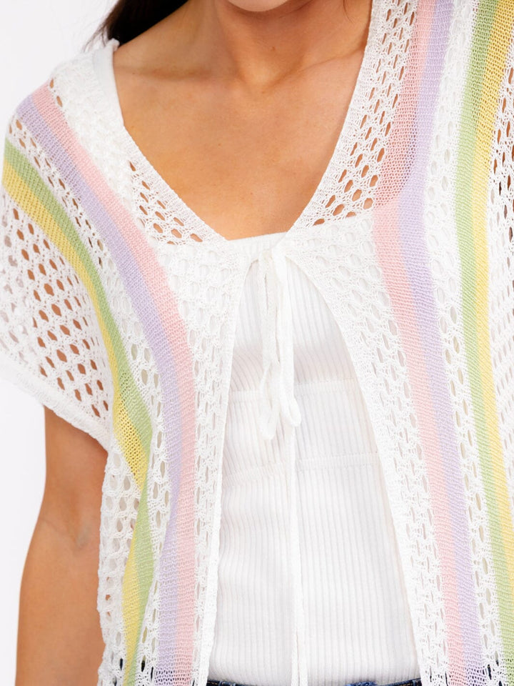 WOMEN'S SHORT SLEEVE FRONT TIE MULTI FRINGE KNIT KIMONO