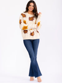 WOMEN'S LONG SLEEVE LEAF PRINT PULLOVER SWEATERS