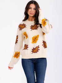WOMEN'S LONG SLEEVE LEAF PRINT PULLOVER SWEATERS