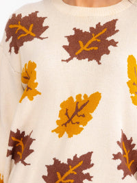 WOMEN'S LONG SLEEVE LEAF PRINT PULLOVER SWEATERS