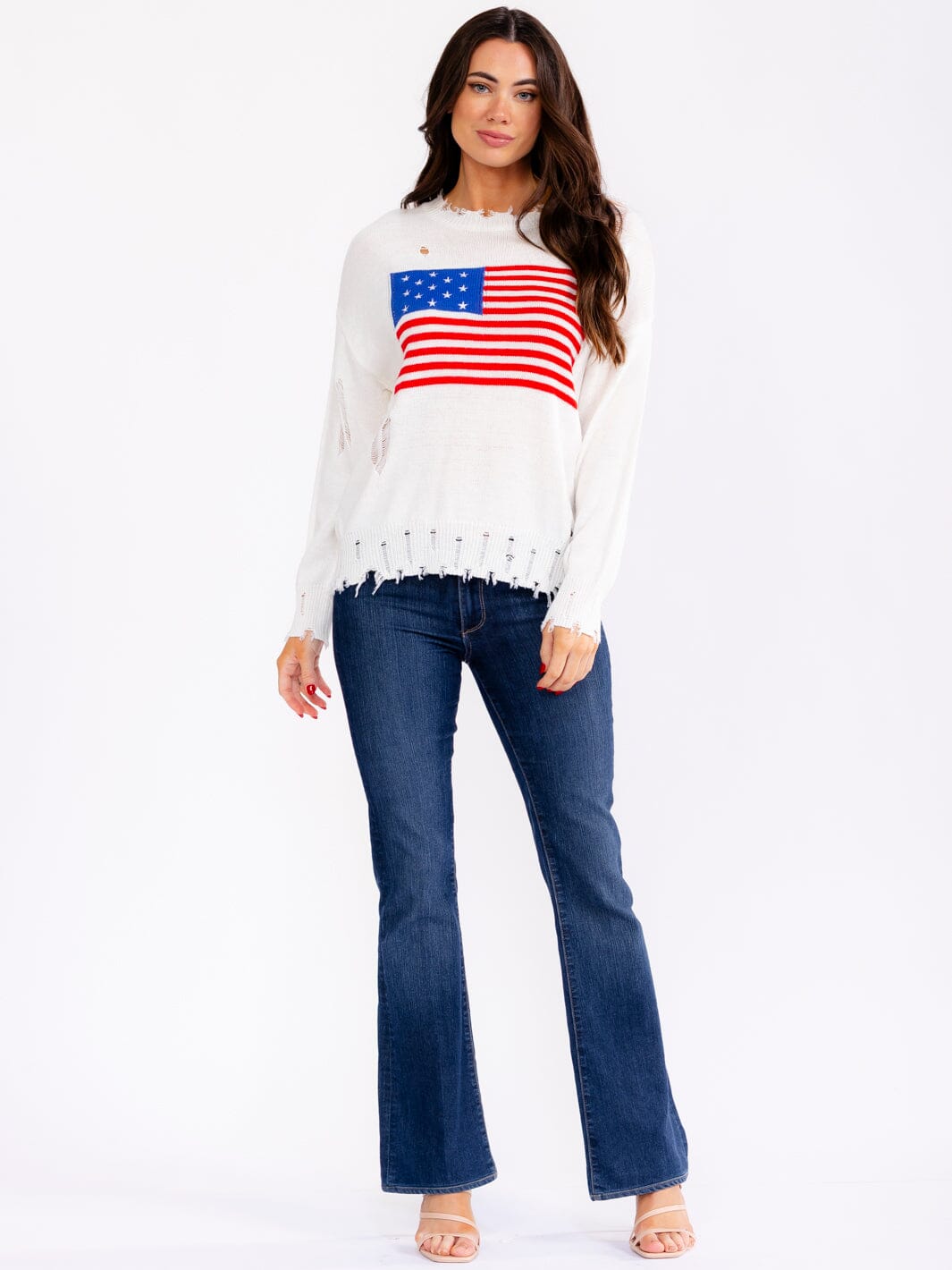 WOMEN'S LONG SLEEVE AMERICAN FLAG DISTRESS PULLOVER SWEATER