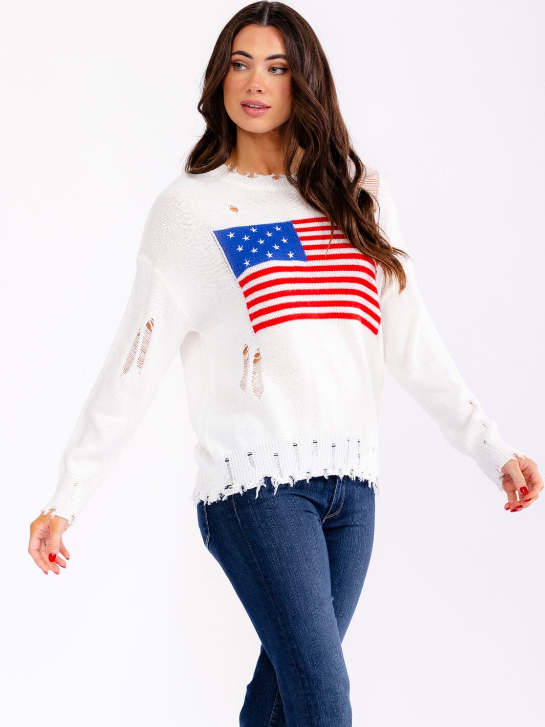 WOMEN'S LONG SLEEVE AMERICAN FLAG DISTRESS PULLOVER SWEATER