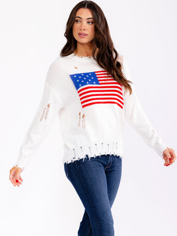 WOMEN'S LONG SLEEVE AMERICAN FLAG DISTRESS PULLOVER SWEATER