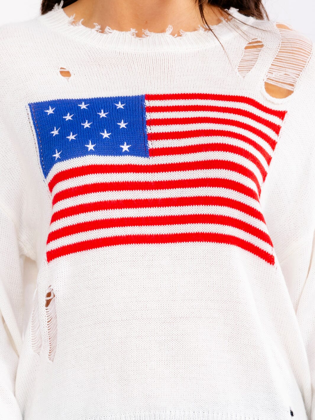 WOMEN'S LONG SLEEVE AMERICAN FLAG DISTRESS PULLOVER SWEATER