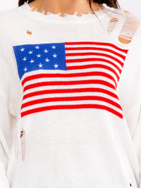 WOMEN'S LONG SLEEVE AMERICAN FLAG DISTRESS PULLOVER SWEATER
