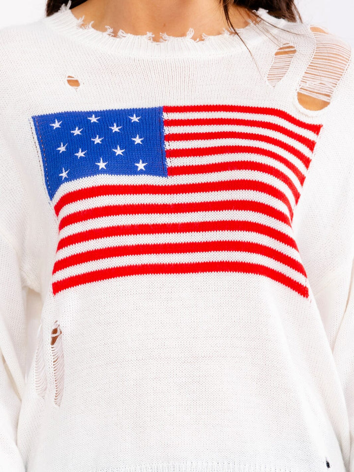 WOMEN'S LONG SLEEVE AMERICAN FLAG DISTRESS PULLOVER SWEATER