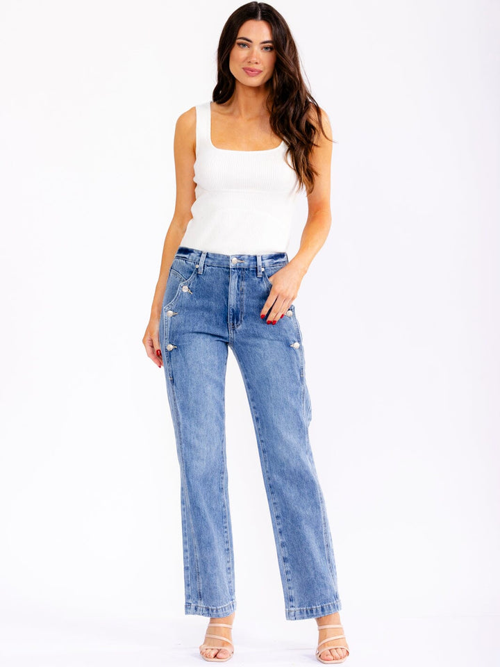 WOMEN'S BUTTON CLOSURE ELASTIC WAIST POCKETS STRAIGHT LEG STRETCH DENIM PANTS