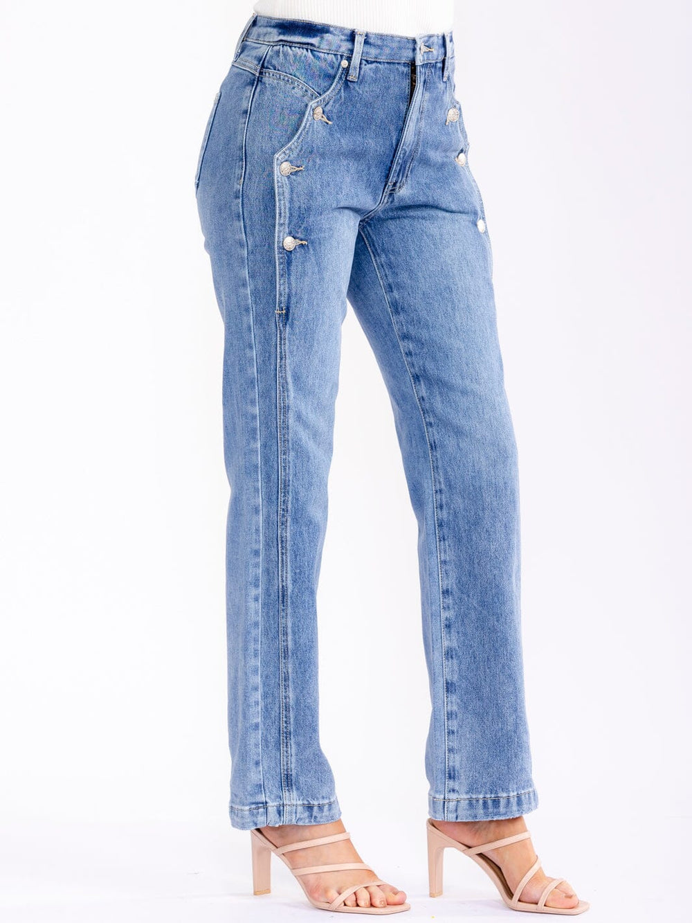 WOMEN'S BUTTON CLOSURE ELASTIC WAIST POCKETS STRAIGHT LEG STRETCH DENIM PANTS