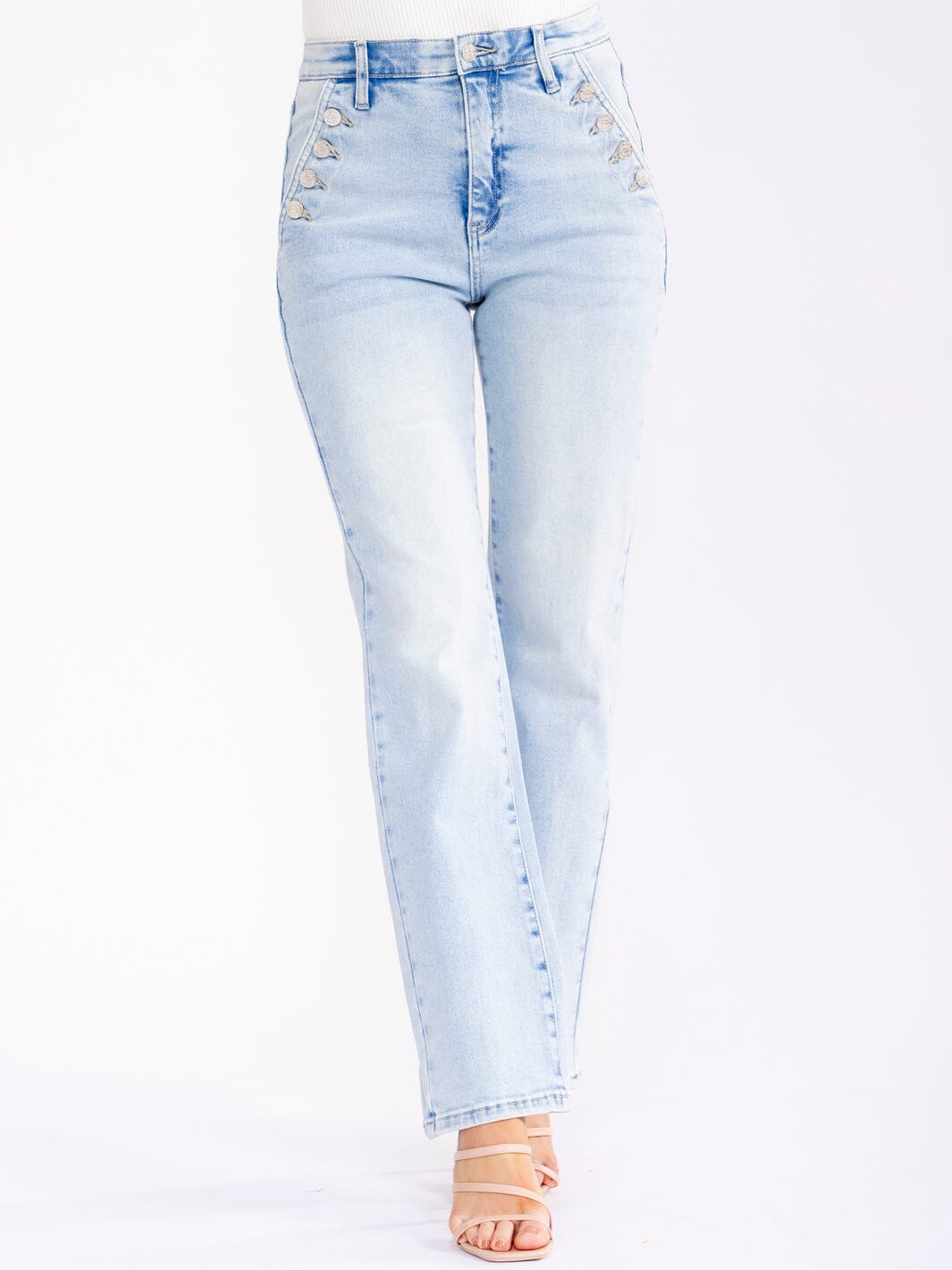 WOMEN'S BUTTON CLOSURE ELASTIC WAIST POCKETS STRAIGHT LEG STRETCH DENIM PANTS